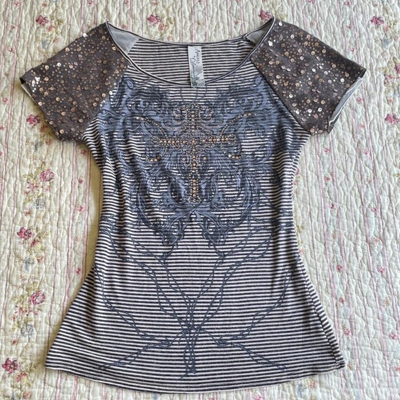 angels and diamonds Tops - Y2K Angels and Diamonds navy blue and white striped sequins top
